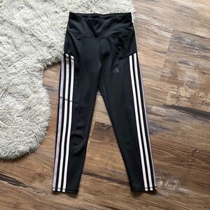 Adidas Kids Black Leggings with Pink, Cream, and Purple Stripes